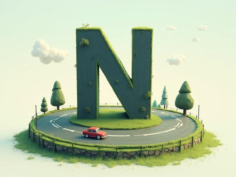 The capital letter N depicted as a large grassy structure on a winding road. A small red car drives around the road toward an animated nose at the end.