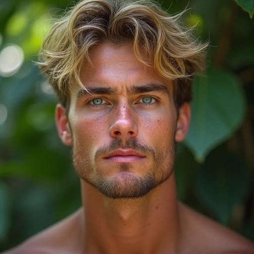 Medium close up of a handsome muscular young man in a jungle setting. Tousled blonde hair and tan skin. Bright blue eyes. Soft diffused lighting with blurred foliage in background. Relaxed expression with a hint of a smile. Sharp facial features and defined jawline. Muscular arms and broad shoulders.