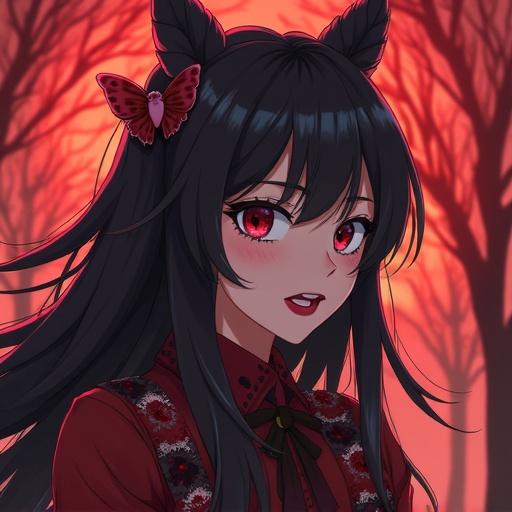 An anime character with long dark hair and a butterfly accessory. The setting features a dramatic red background with trees. The character wears a stylized outfit. The image conveys a wicked and mysterious vibe.