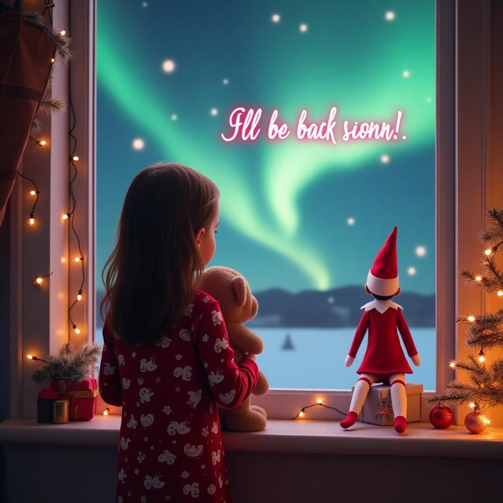 This enchanting holiday scene features a brown-haired girl in Christmas pajamas, holding a teddy bear as she gazes out the window. Outside, the captivating northern lights illuminate the sky, adding to the magic. An elf on the shelf, dressed in a vibrant red outfit, is playfully writing 'I’ll be back soon!' in sparkling pink light. The cozy room is adorned with twinkling lights and a beautifully decorated Christmas tree. This moment radiates festive cheer and wonder, creating an unforgettable holiday experience.