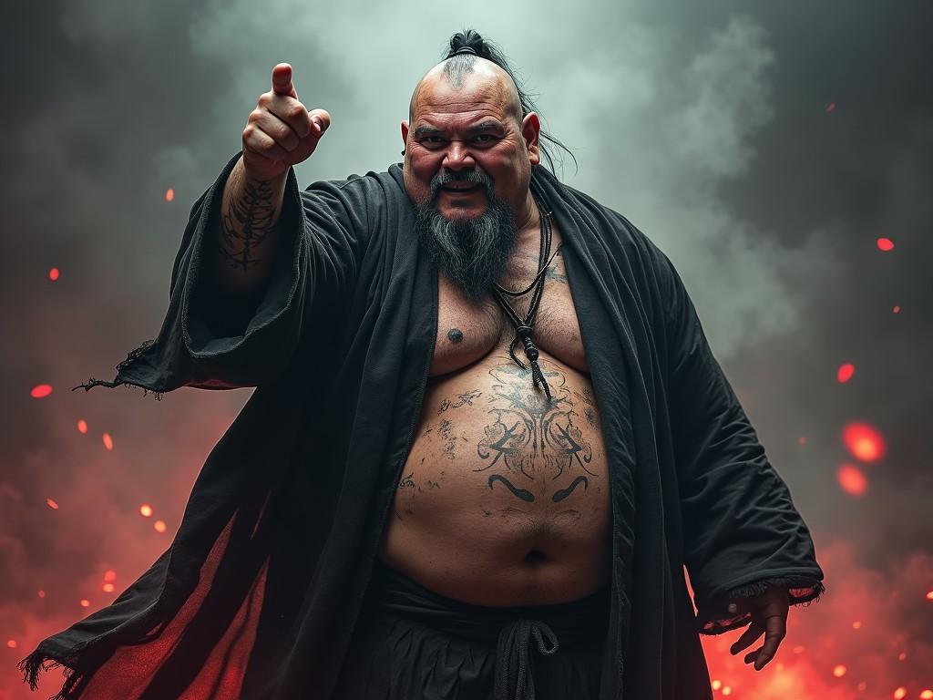 This striking image features a robust man with a shaved head and tattoos, gesturing emphatically. Dressed in a traditional robe, he stands amidst swirling embers and smoke. The fiery background enhances his commanding and intense presence, suggesting an aura of mysticism and power.