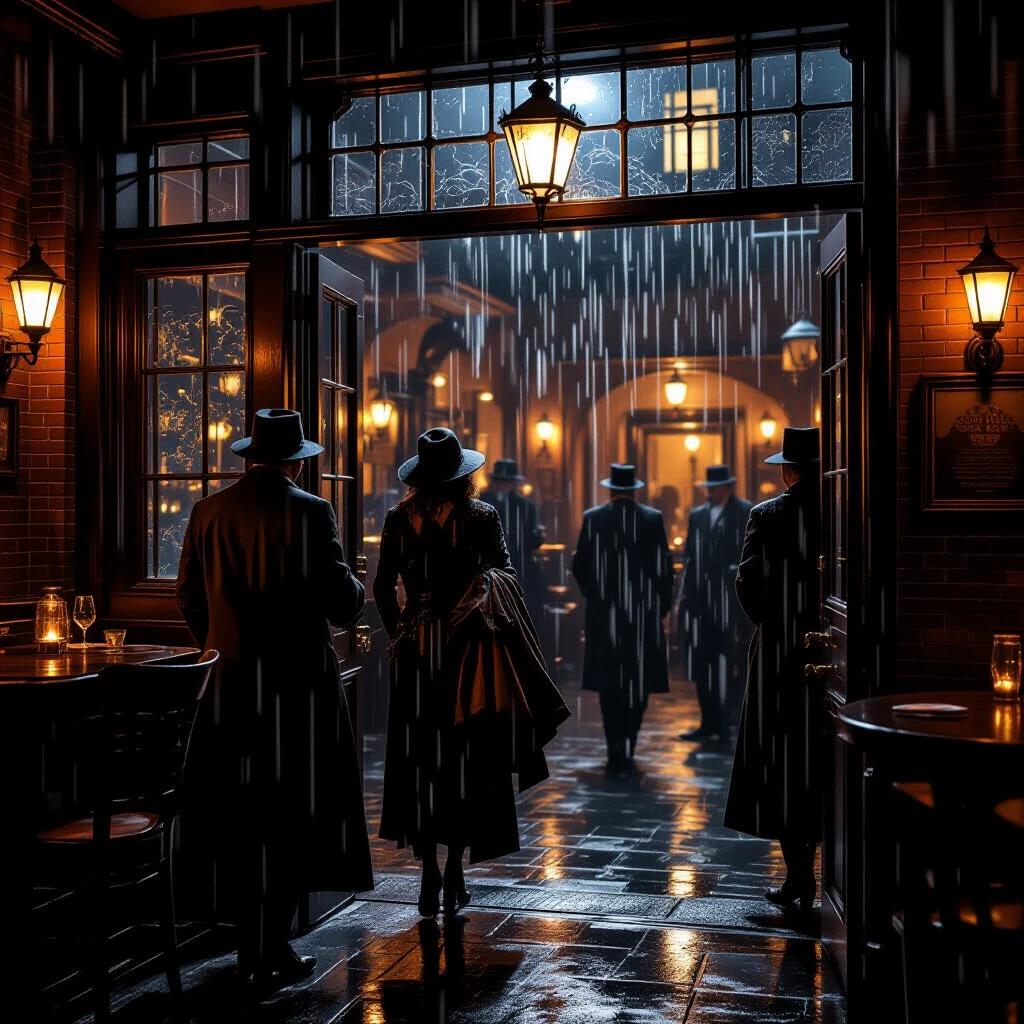 Scene set in a 1920s speakeasy on a rainy night with patrons arriving at the entrance. People hang dripping coats by the door while warm firelight spills from the interior. Captivating and ultra-realistic visual.
