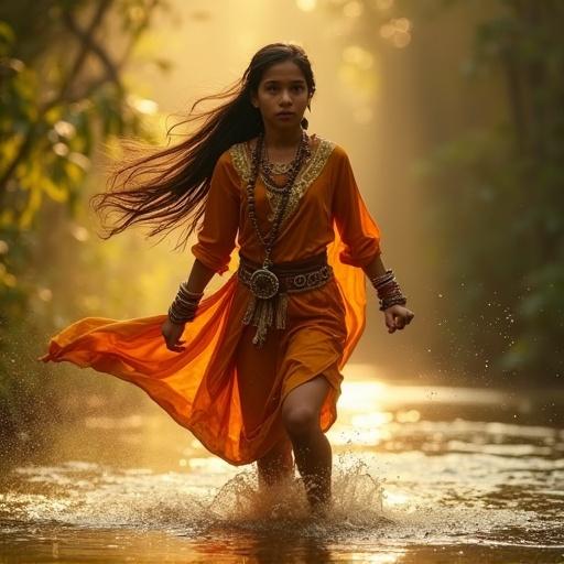 A young royal warrior prince wearing a golden-orange outfit. She stands in a river surrounded by ornaments. She sprints barefoot through a forest. Her expression shows fear and determination. Mist and jungle light create atmosphere. Fabric trails behind in motion blur. Painterly cinematic realism is evident.