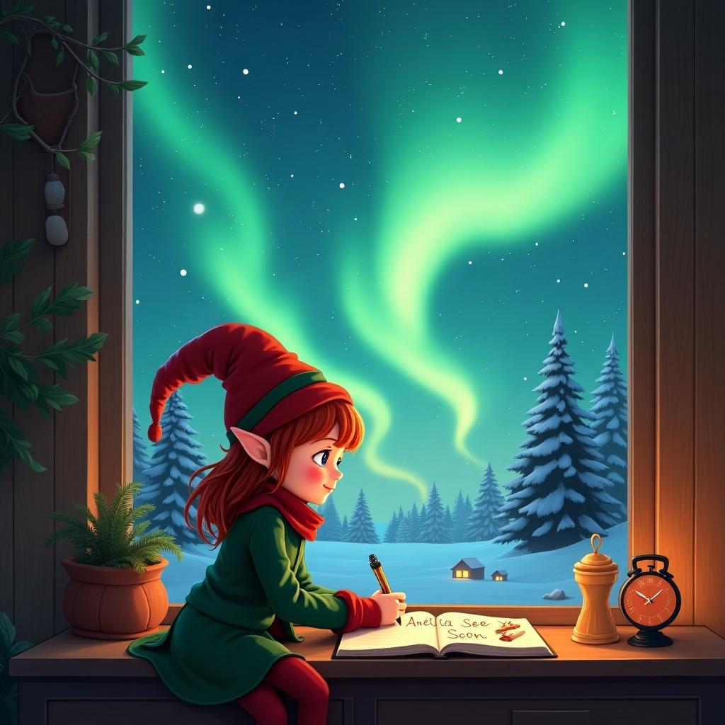 A cheerful red-haired girl elf is sitting by the window, writing in a notebook. She wears a green outfit and a red pointed hat. Outside the window, the night sky is illuminated by beautiful northern lights swirling in shades of green. Snow-covered pine trees dot the landscape outside, creating a magical winter scene. The elf is focused on her writing, with the words 'Anelia See You Soon' visible on the page. A small plant and a lamp are positioned on the window sill, adding coziness to the scene, with a classic alarm clock nearby displaying the early hours of the morning.