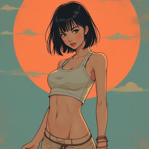 Anime character in T-pose. Female character wearing a tank top and shorts. Bold black hair with a retro aesthetic. Background features soft peach colors and a circular design.