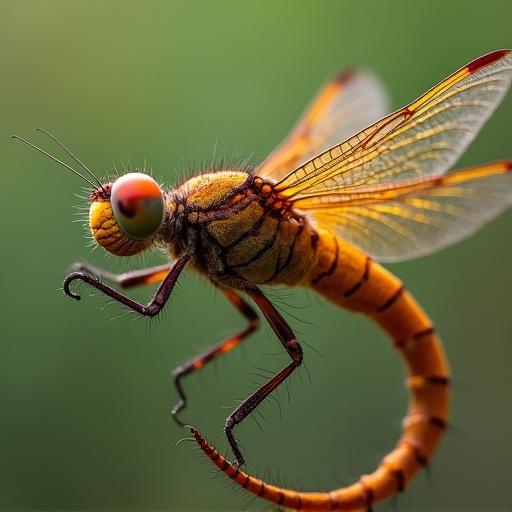 Close-up of a dragonfly with vibrant colors in mid-flight, showcasing its wings and body details.