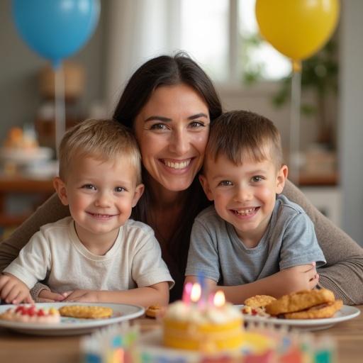 Family celebration at a kids birthday party. A mother with her two sons enjoy treats and cake. Bright colors and festive decorations create a joyful atmosphere.