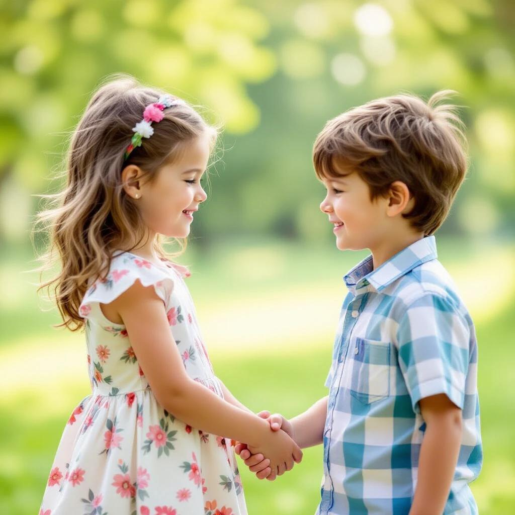 A girl and a boy are holding hands in an outdoor setting. Soft natural light creates a warm atmosphere. They appear happy and engaged with each other. The background is filled with greenery and bokeh effect. The focus is on the children while keeping the environment pleasant.