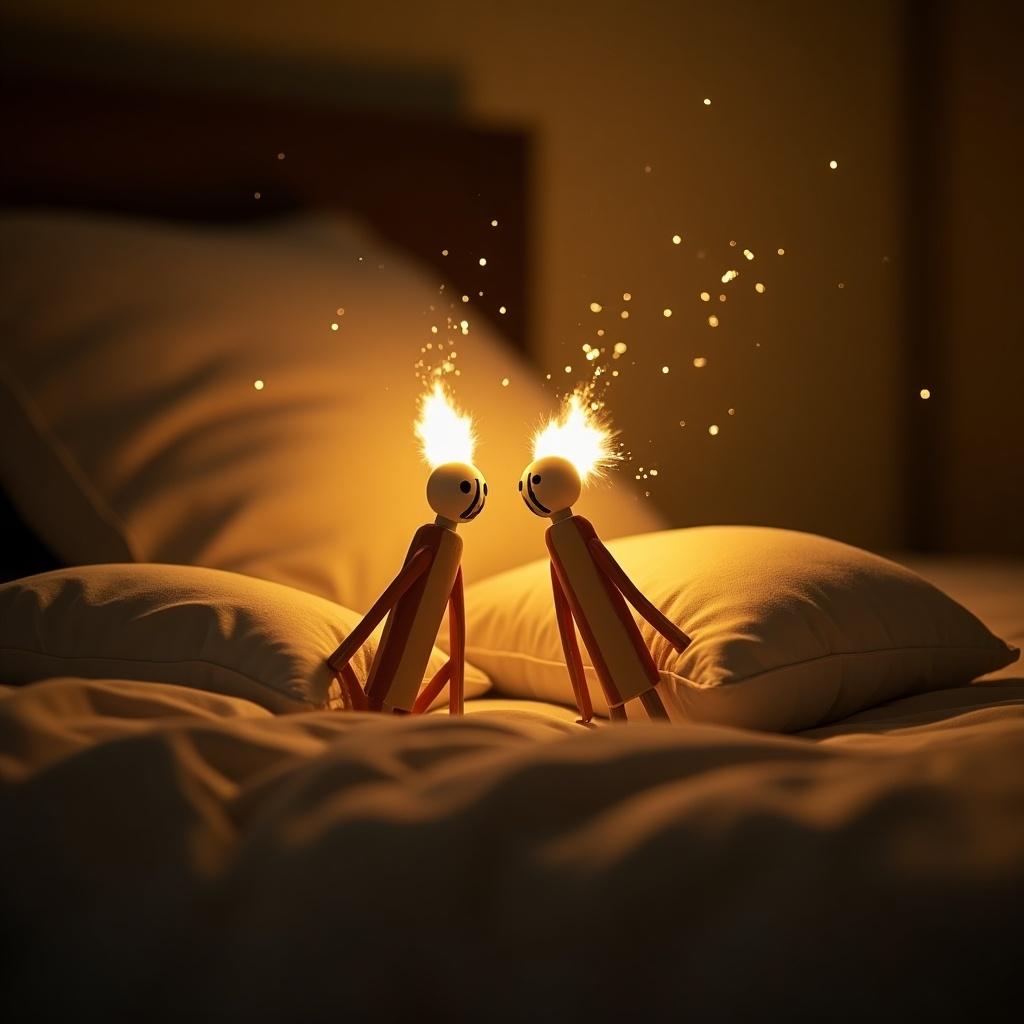 Warmly lit bedroom scene with two matchstick figures against pillows. Figures have lit heads expressing intimacy. A whimsical and playful atmosphere.