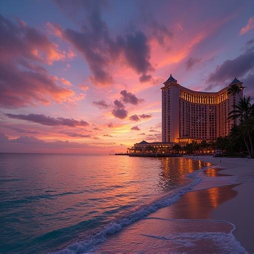 Stunning view of exotic beach during sunset. Dramatic colors in sky. Glowing architectural lights illuminate grand structure. Vibrant backdrop enhances scene.