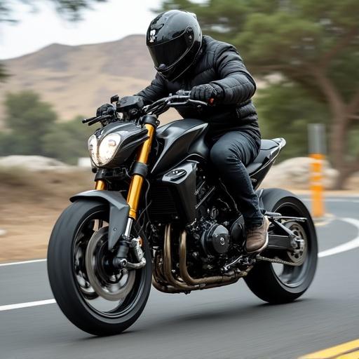 Motorcycle with one wheel. A rider on a motorcycle in motion. Outdoor setting with mountains in the background. Rider wearing protective gear. Road with clear visibility.