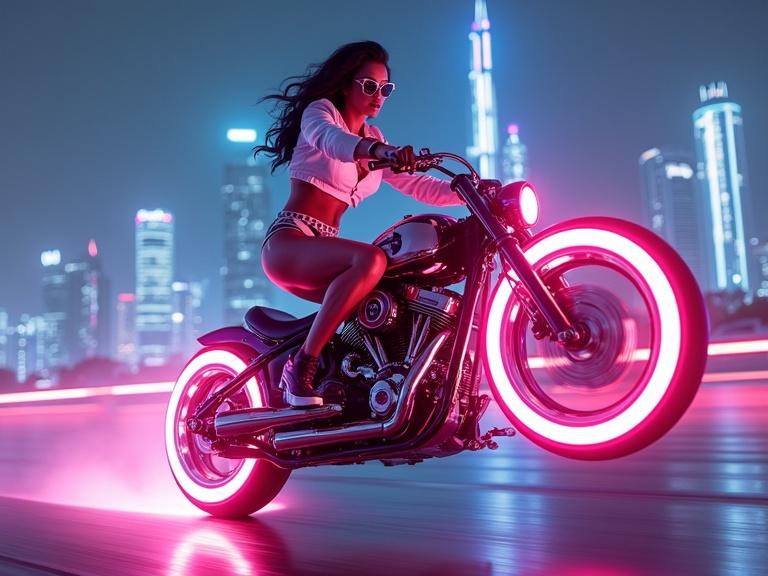Detailed image of a woman on a neon motorcycle in a futuristic city. She rides confidently with her bike's front wheel lifted. The scene is vibrant, featuring neon lights and a dynamic urban backdrop. Her outfit is striking and reflects an avant-garde style.
