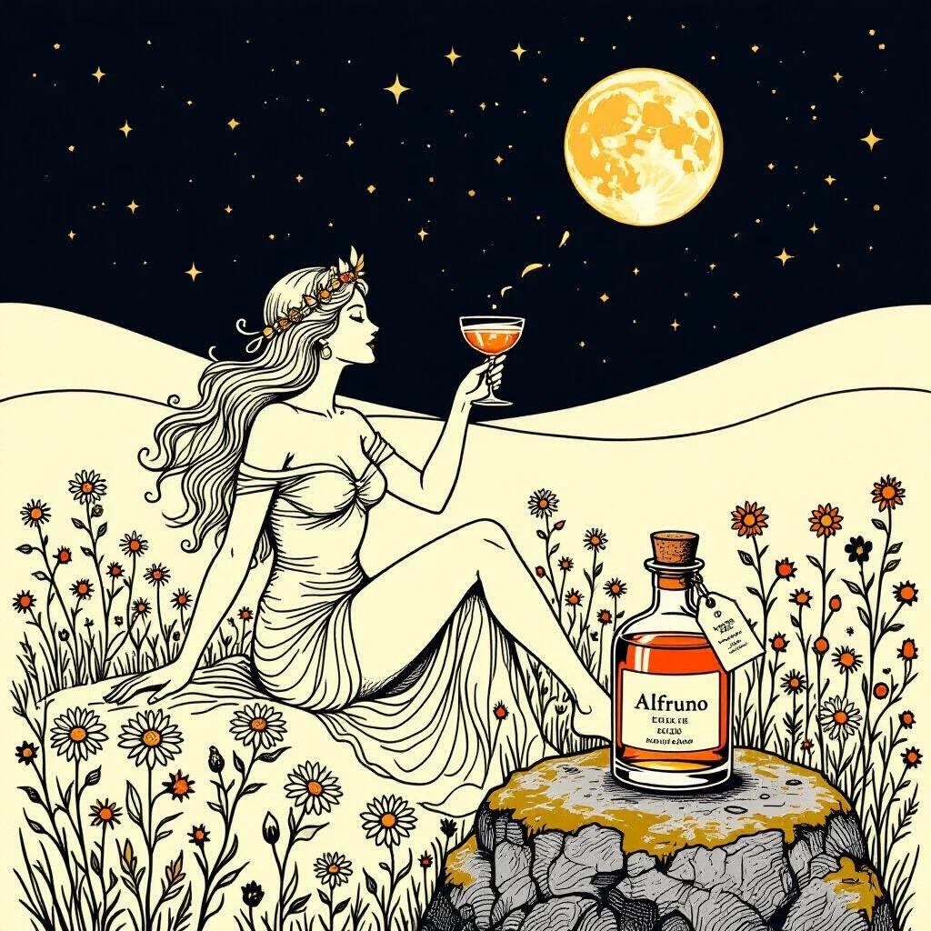 Line art of a goddess sitting in wildflowers. She holds a cocktail glass toasting the moon. An apothecary bottle labeled 'ALFRUNO' rests on a stone. The background is deep indigo. The outlines are bold and thick. The composition evokes simplicity and elegance.