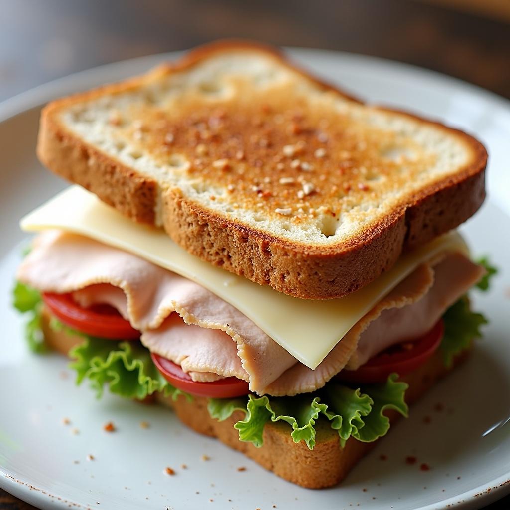 This image features a delicious sandwich made with two slices of toasted brown bread. Inside, there are slices of smoked turkey, fresh iceberg lettuce, tomato slices, and a layer of white cheese. The toast is golden brown, adding a crunchy texture. The vibrant colors of the lettuce and tomato create an appealing look. This sandwich is perfect for a healthy meal or snack option.