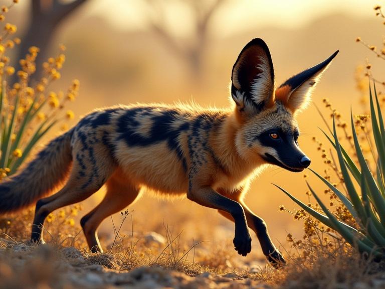 Bat-eared fox hunting in the savanna surrounded by aloe plants and acacias. Dynamic crouching pose under dramatic sunset lighting. Rich colors and textures reflect wildlife artistry.