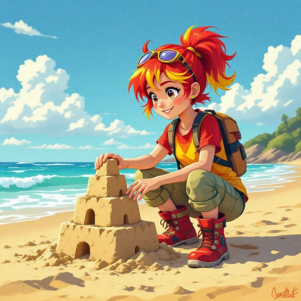 Character builds sandcastle at beach. Character has red and yellow hair. Wearing red and yellow shirt. Cargo pants and dark-grey socks. Shiny red hiking boots. Sunny beach background.
