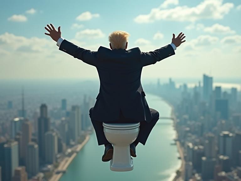 A figure in a suit sitting on a toilet in mid-air. The scene captures an expansive city below with a bright sky. It emphasizes a humorous take on skydiving and political themes.