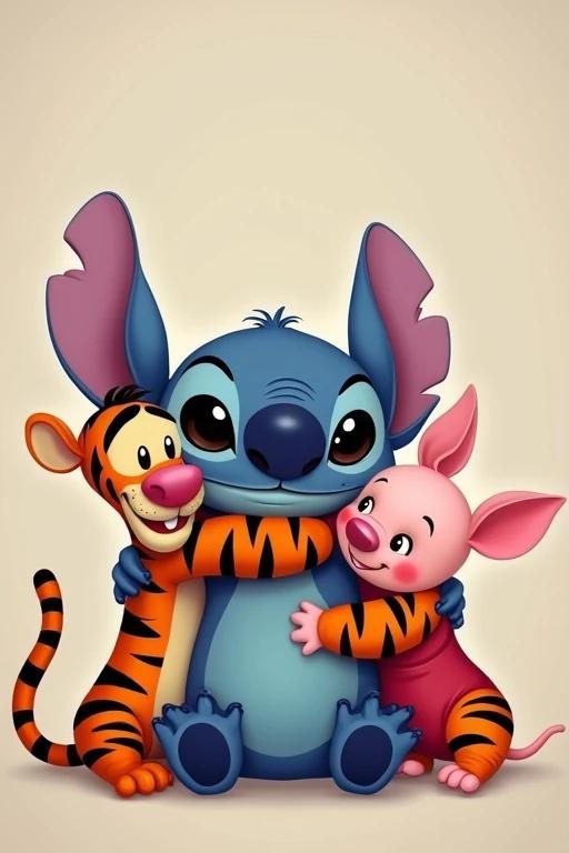 Cute characters resembling Stitch Tigger and Piglet hugging together in a friendly manner. Stitch character has blue fur and large ears. Tigger character is orange with black stripes. Piglet character is pink. Both Tigger and Piglet are on either side of Stitch who is in the center.