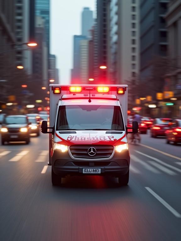 Image depicts bright red ambulance with flashing lights moving urgently through busy street filled with blurred cars.