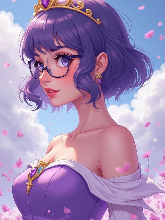 Generate a vertical portrait-style image of a princess in manga style. Short brown hair with mandatory glasses. Slim figure wearing a princess dress in lilac purple. Represents air and happiness. Looks like an RPG card with a fantastic background.