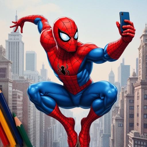 Color pencil drawing features Spider-Man in bright red and blue suit. Character swinging through a city skyline. Spider-Man taking a selfie while saving the day. Colorful pencils arranged beside.