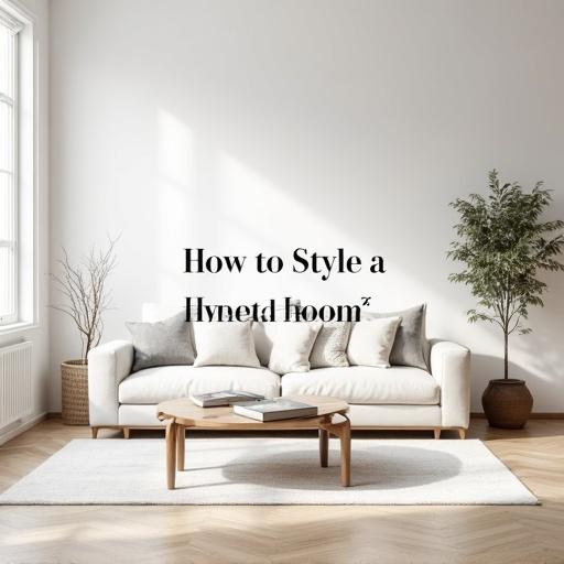 Modern minimalist living room with neutral colors. Sleek low-profile furniture occupies open space. Decor consists of one statement art or plant. Abundant natural light enhances calm atmosphere. Subtle textures of linen, wood, and concrete featured. Soft shadows create warmth. Pinterest-style overlay includes text: 'How to Style a Minimalist Living Room' in elegant font.