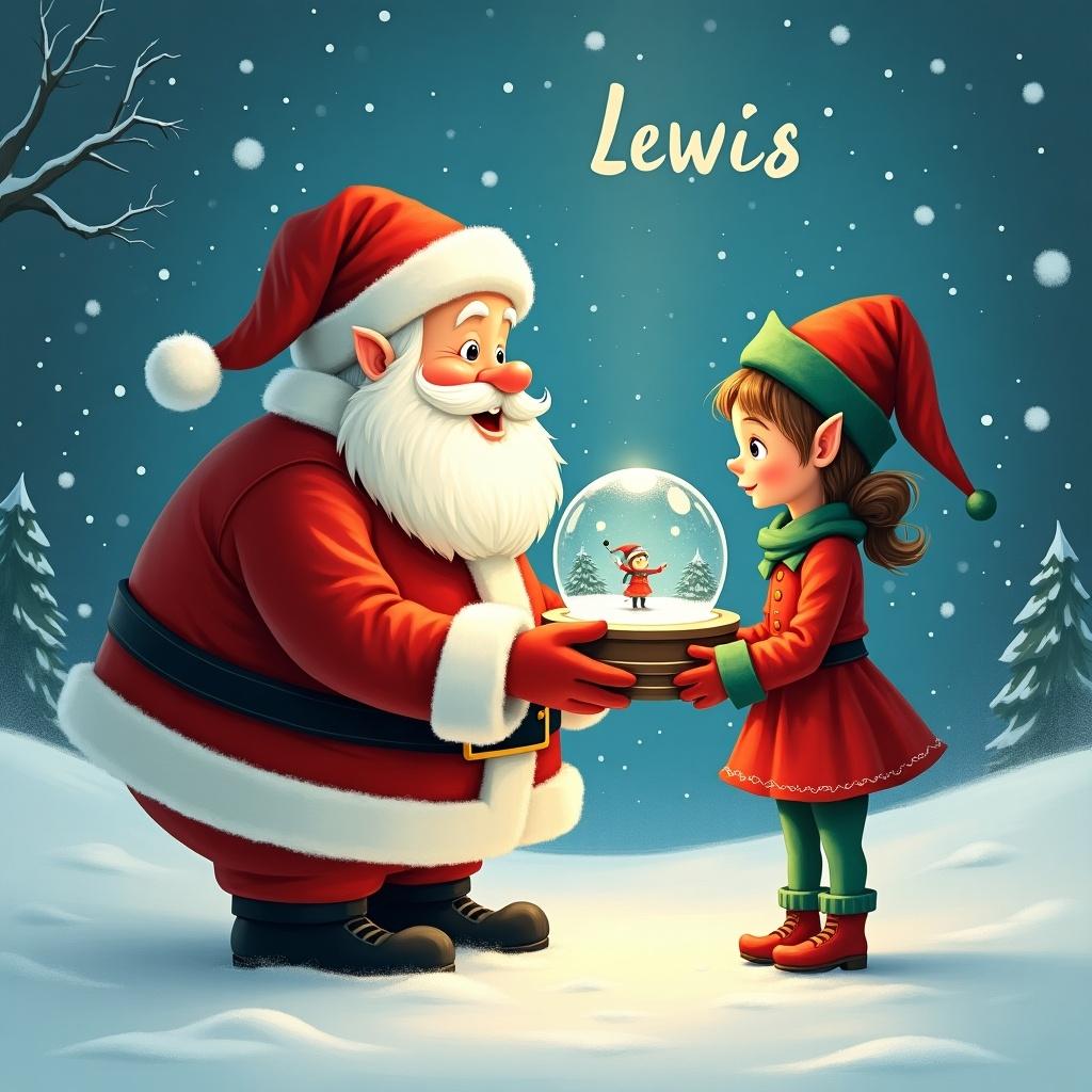 Santa Claus holds a snow globe. A girl elf admires the snow globe. Snowy background surrounds them. The name Lewis appears in the sky.