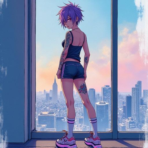 Watercolor painting of a young woman with violet spiky hair. She has a slim muscular body. Wearing an oversized top and sport shorts. High platform sneakers with glowing stripes and knee socks. Yakuza style tattoo on her right leg. Standing with crossed legs and arms behind her back. Leaning against a wall-size window. City view from a high floor. Looking at the camera. Style similar to Yuumei.