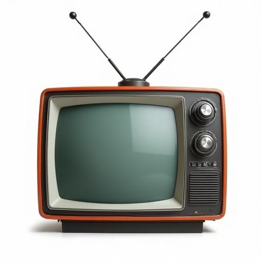 An isolated retro television set with rabbit ears on a white background