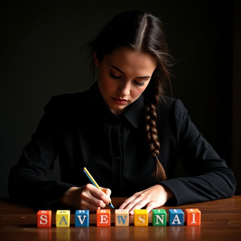 A young woman sits at a wooden table, intently focusing on writing. She is dressed in a black outfit, reminiscent of a character often associated with dark, moody themes. In front of her are colorful blocks arranged in a line, spelling out the name 'Savannah'. The lighting is soft and creates a contemplative atmosphere. Her braided hair falls over one shoulder as she grips a pencil, adding a personal touch to the letters on the blocks.