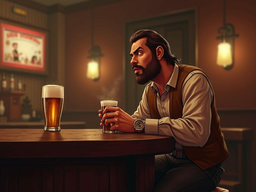 A man smiling while holding a beer in a warm and inviting bar environment. The lighting is soft, creating a cozy atmosphere. Other patrons can be seen enjoying their drinks in the background.