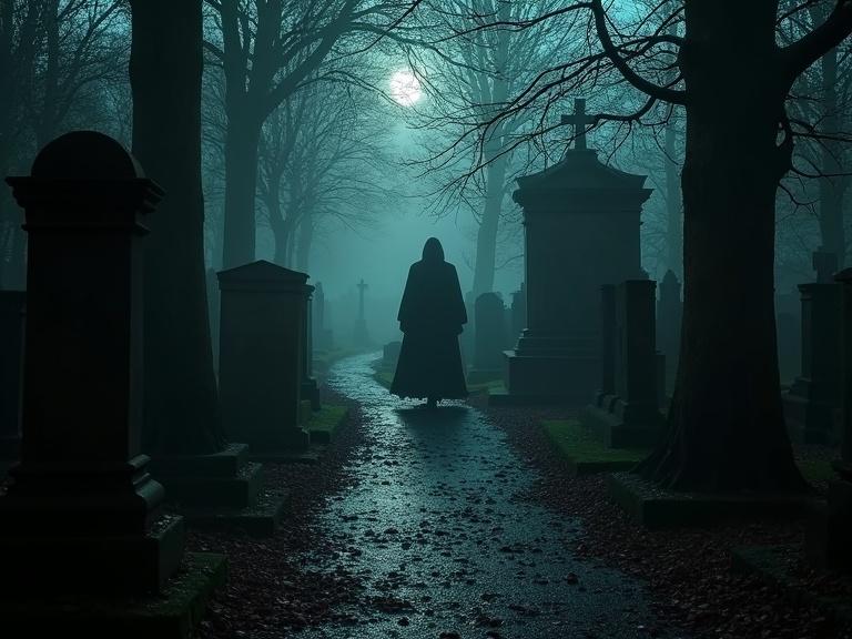 A vampire figure walks through a foggy graveyard at Highgate Cemetery. Tombstones line the path. A chilling atmosphere envelops the scene. Shadows create a haunting vibe. The moonlight filters through the mist.