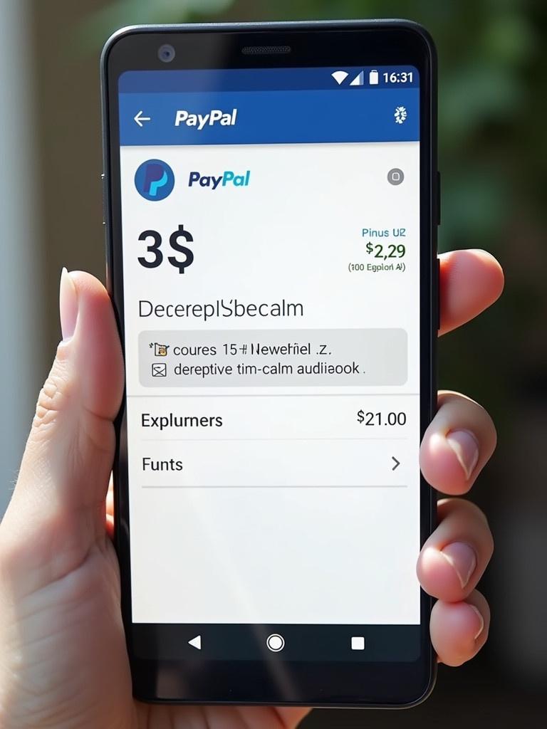 Smartphone displays PayPal balance. The balance shows three dollars. A purchase for an audiobook titled deceptive calm is listed. The phone is in hand. Image looks realistic and clear.