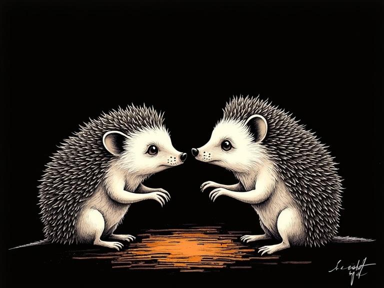 Monochrome Renaissance ink illustration showing two adorable hedgehogs facing each other with an orange hue highlighting contour and texture. Deep shadows create isolation on a black background.
