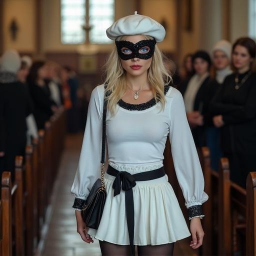 A beautiful blonde woman wearing a white long-sleeved shirt and mini-kilt walks through a church. The shirt has a black Renaissance-style collar. A white coned beret sits on her head. Black Zorro mask surrounds her eyes. She carries a small black handbag. Others in black outfits are present.