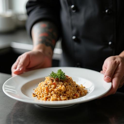 Chef plates a dish of truffle risotto steam rises revealing tattoo under sleeve. Hands show scars. Presentation focuses on plate and chef's hands.