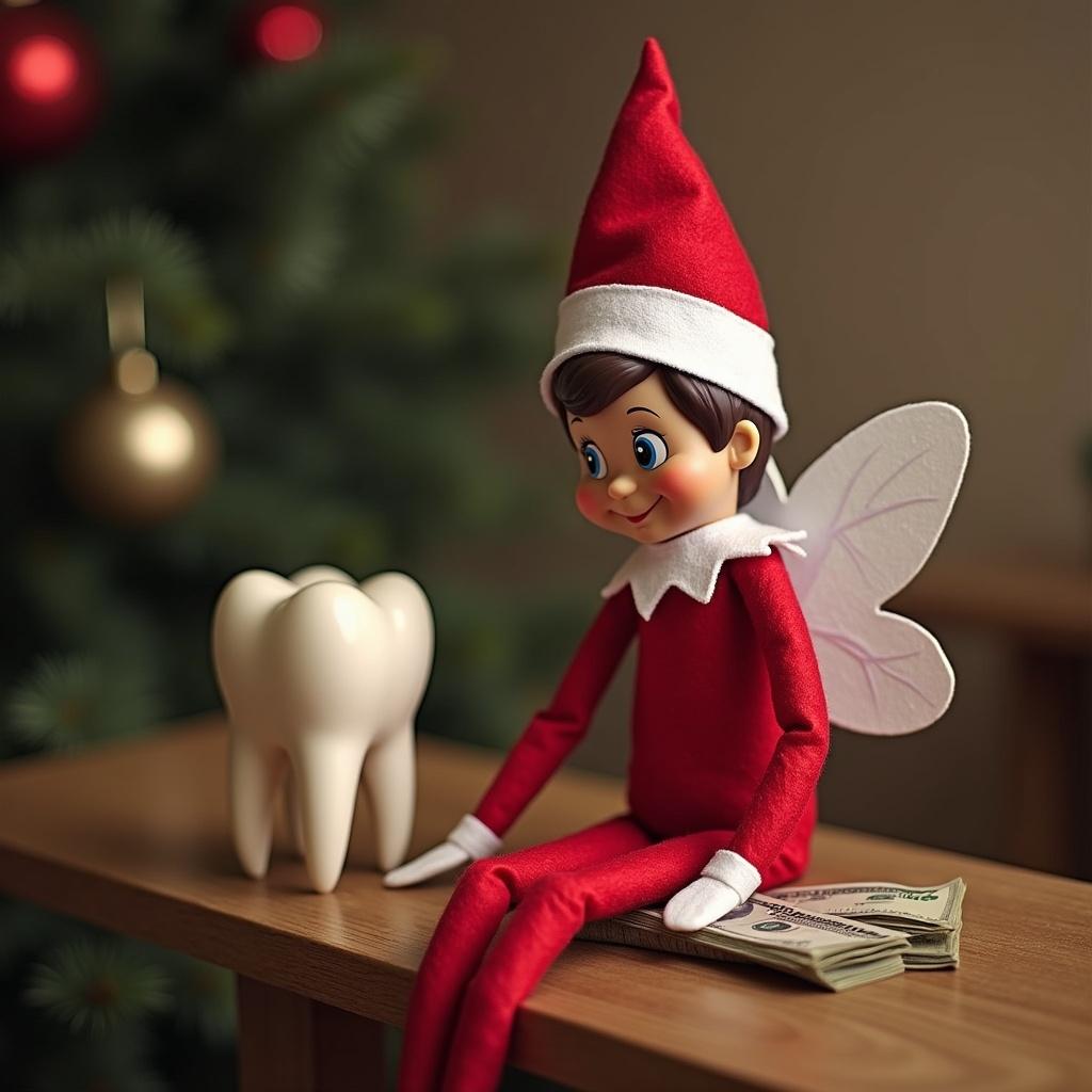 Elf figure dressed in red with wings and a tooth beside it. Scene represents a playful kidnapping of the tooth fairy. Dollar bills nearby suggest a humorous twist.