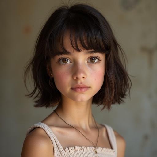 This image features a 15-year-old American girl with dark brown, wolfcut hair. She has thick eyebrows and dark brown eyes. The girl's skin appears tanned and she is wearing a modest dress. The background has a blurred texture with warm tones.