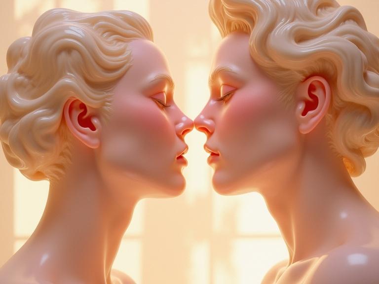 3D ultrarealistic anthropomorphic figures with creamed bodies created from glass and crystal. Two lovers depicted in a close embrace, focusing on their faces and emotions. A masterpiece influenced by various renowned artists.