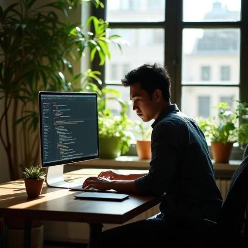 A person is writing code on a laptop in a well-lit room filled with plants. The cozy space features bright natural light streaming in from the windows. The individual is wearing a casual shirt and jeans, focusing intently on the monitor. The laptop is on a wooden table surrounded by greenery. This is a setting in Singapore.