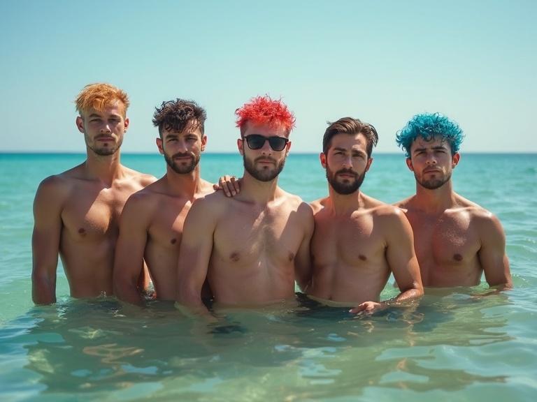 Five young men stand in the ocean. Their hair is vibrant, showcasing different colors. The background features clear blue water and a bright sky.