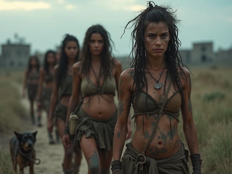 Highly detailed group of young huntresses marching at dusk. Wasteland setting with wiry physiques and tangled hair. Skin smeared with dirt and mud. Has tribal tattoos on faces and arms. Wearing primitive clothing from scavenged materials. Rough hunting satchels nearby. Scruffy stray dog observing. Ruins of a city in the background. Soft lighting and cinematic composition.