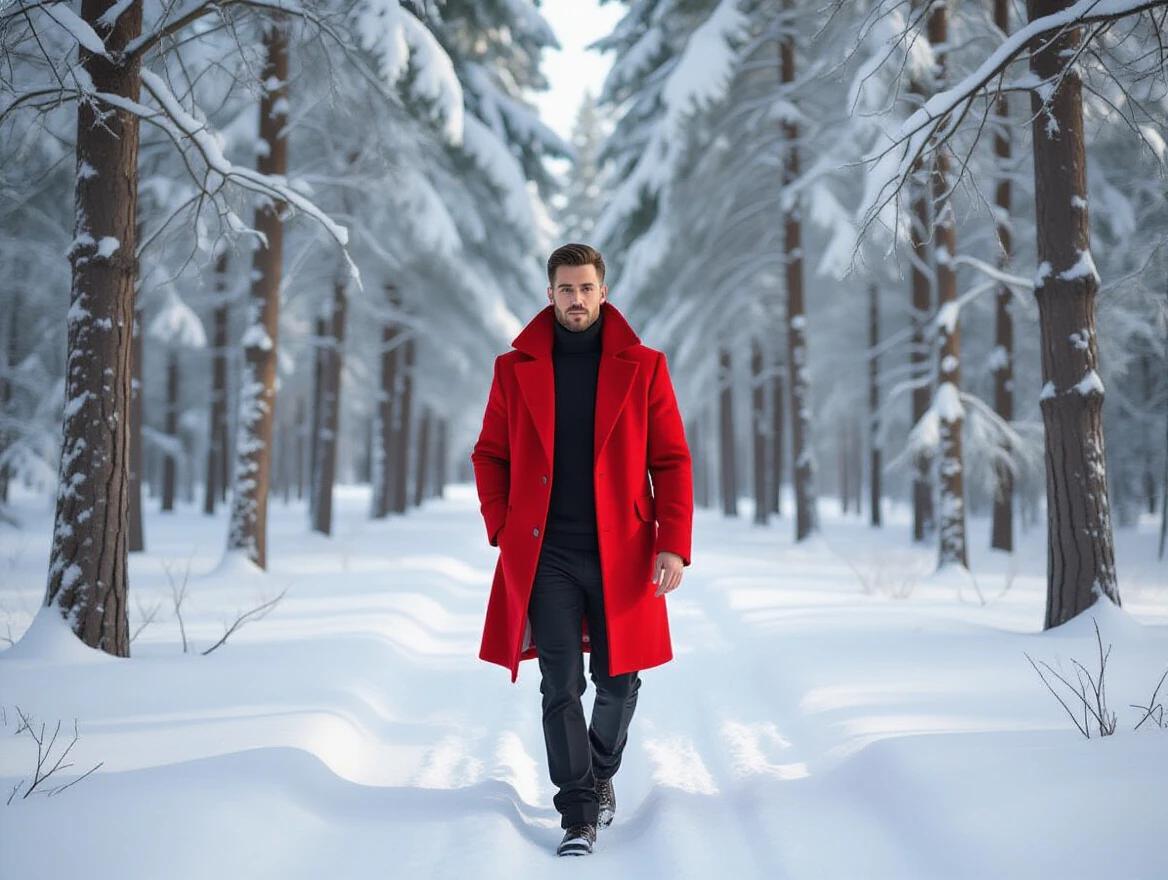 A tall man walks through a snowy forest wearing a bright red coat. Snow covers the ground and trees creating a wintery scene. The path in the snow leads into the forest.