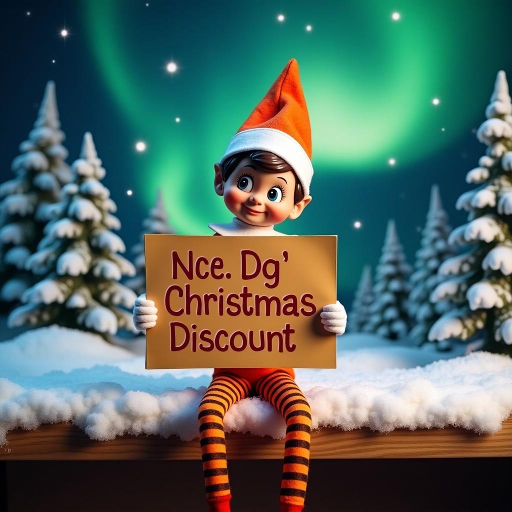 Orange elf wearing festive clothing. Elf holds a sign promoting Christmas discounts. Background features snow-covered trees and northern lights. The scene conveys a joyful Christmas spirit.