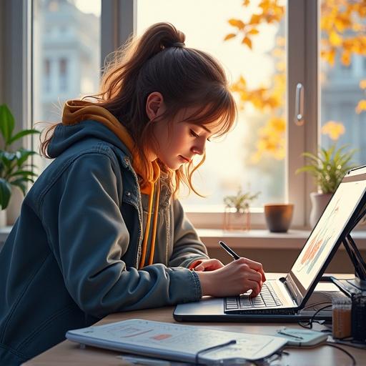 Concept design features a digital artist engaged in work. Artist uses stylus on a graphic tablet at a well-lit workstation. Natural light enhances ambiance. Warm colors create a cozy feeling.
