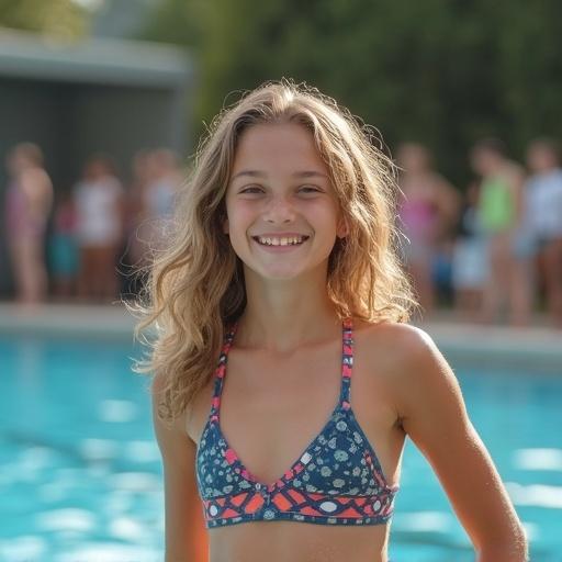 Slim petite adolescent girl standing by a pool in a swimsuit. Group of tweens visible in the background. Bright summer day.