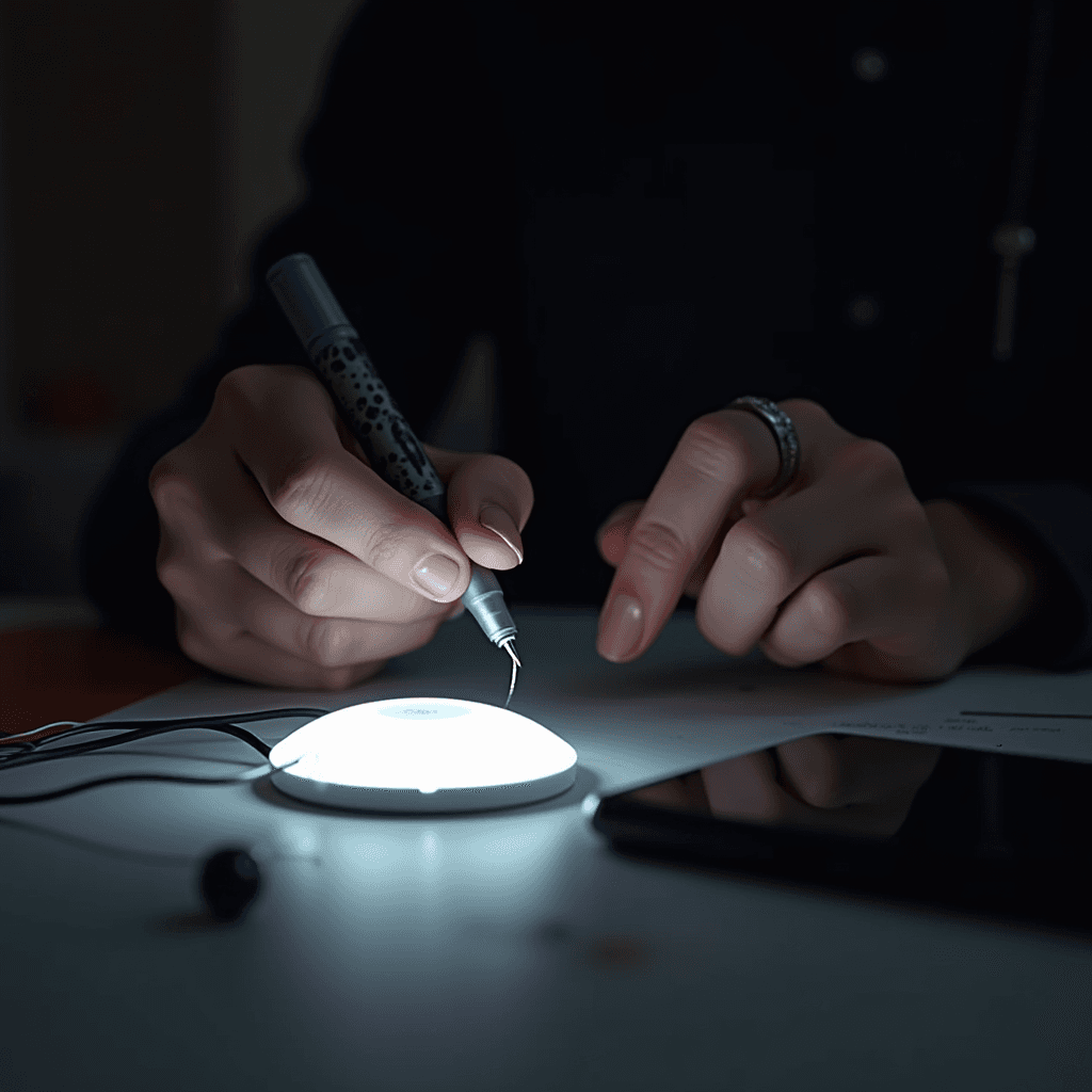 A person is writing with a pen near a small glowing device.