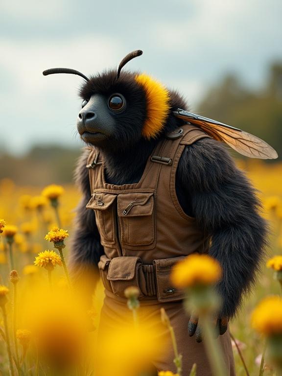 Fuzzy bearded furry muscular anthro bumblebee wearing explorer gear in a field of wildflowers.