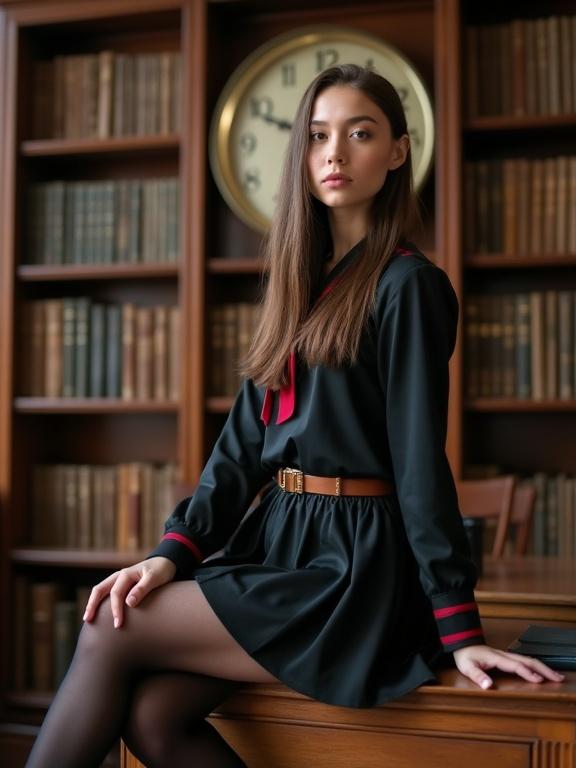 photo of young woman sitting on wooden desk in library warm tones confident expression