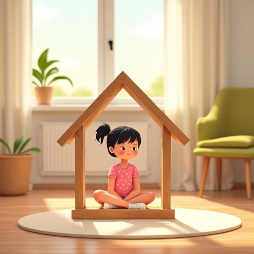 A children's room with wooden floor. A soft round rug in the center. Sunlight through a window with off-white curtains. A green potted plant on the windowsill. A girl named Leila sits cross-legged in a small wooden house made of pillars. She wears a pink dress with polka dots and has her hair in a ponytail. The scene feels warm and peaceful. The background adds soft silhouettes of trees and birds, enhancing her imagination.